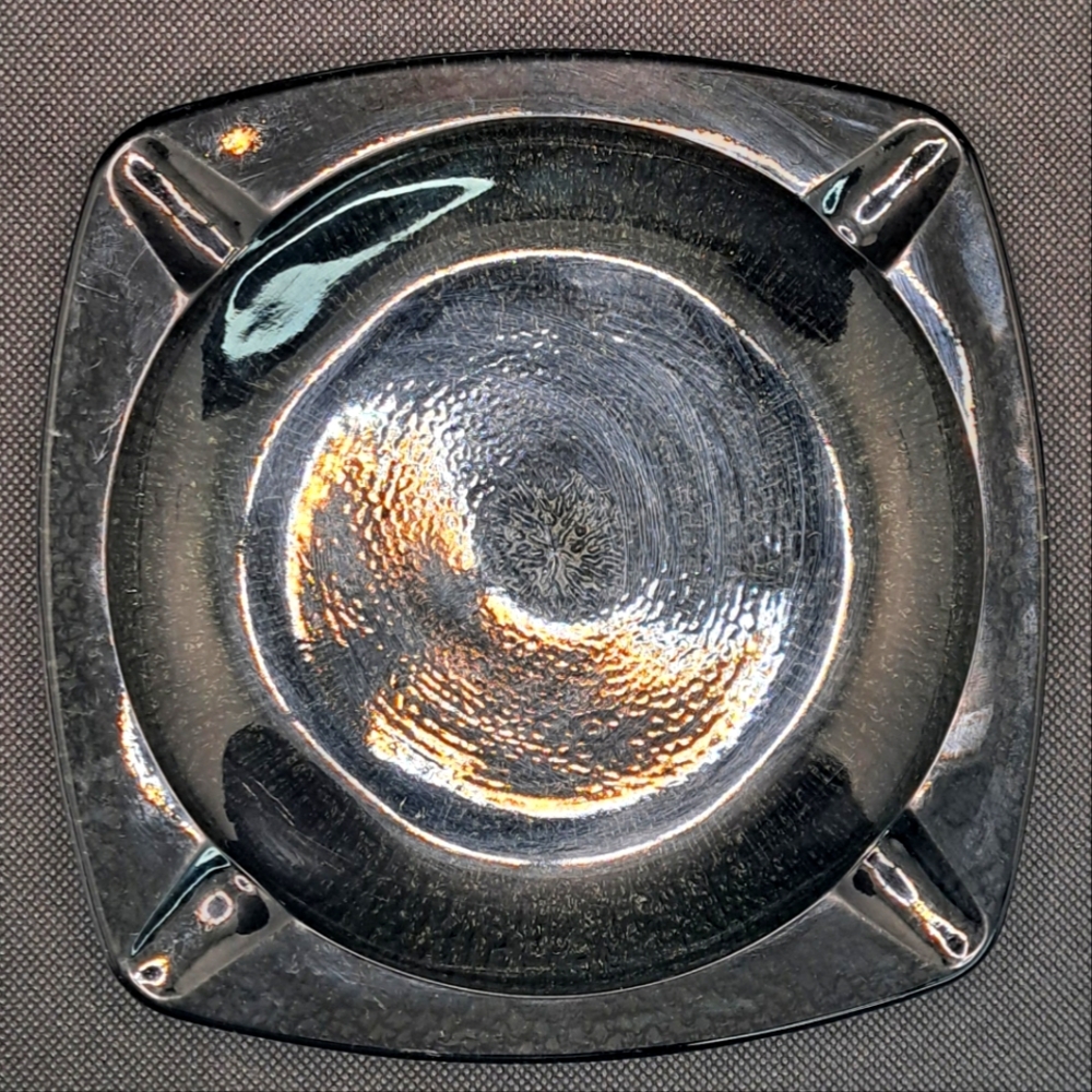 Vintage Smoke Grey Textured Ashtray Large 7 Inch Square Glass Gray Tray MCM